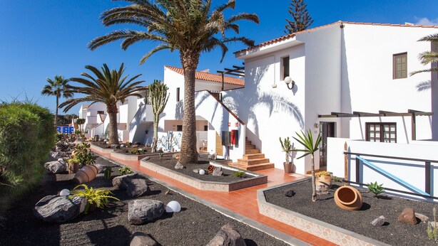A residential area with white buildings, palm trees, and a paved walkway. - Apartamentos Villa Florida (Antigua)
