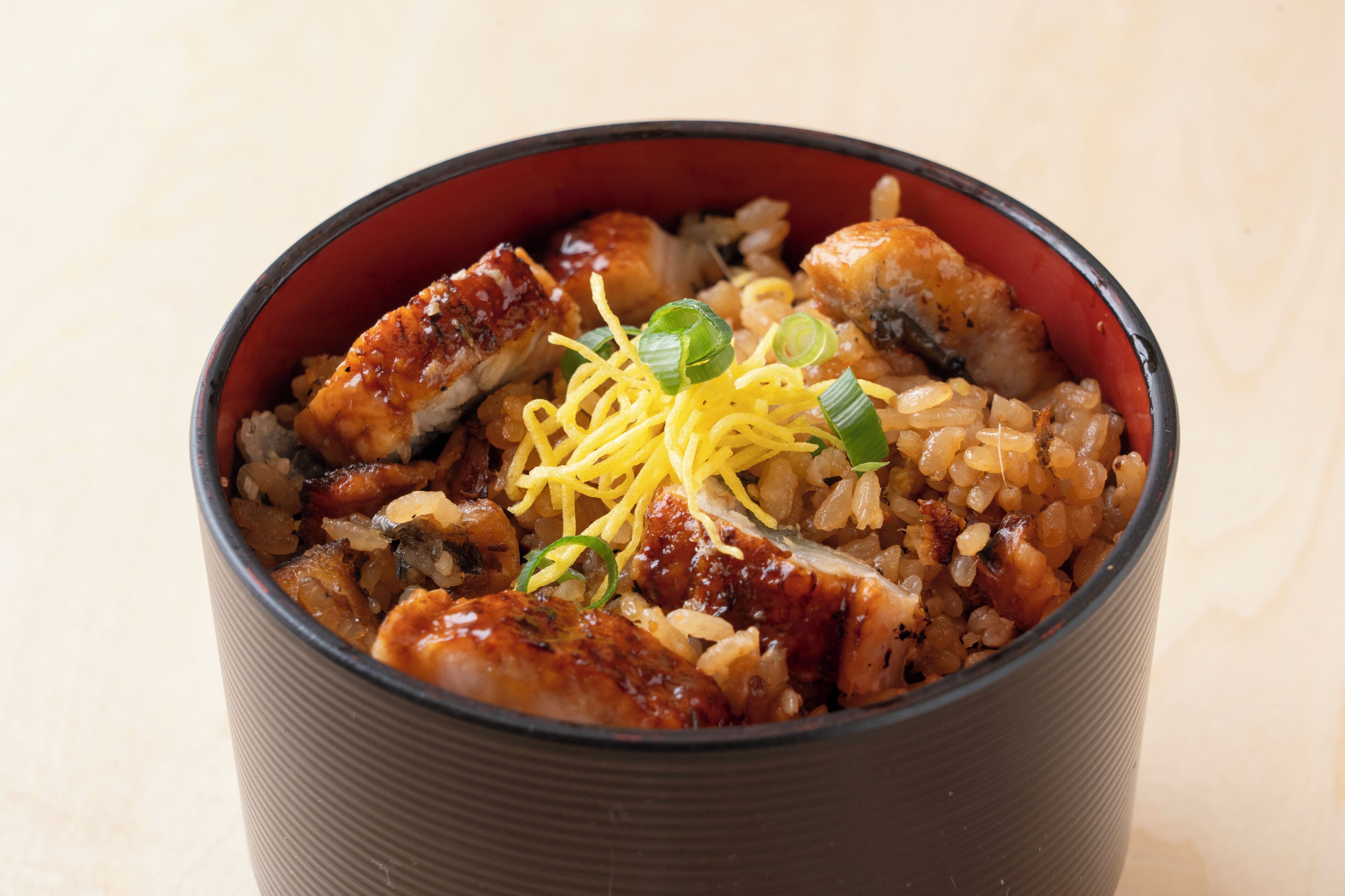 A bowl of food with rice, meat, and green onions.