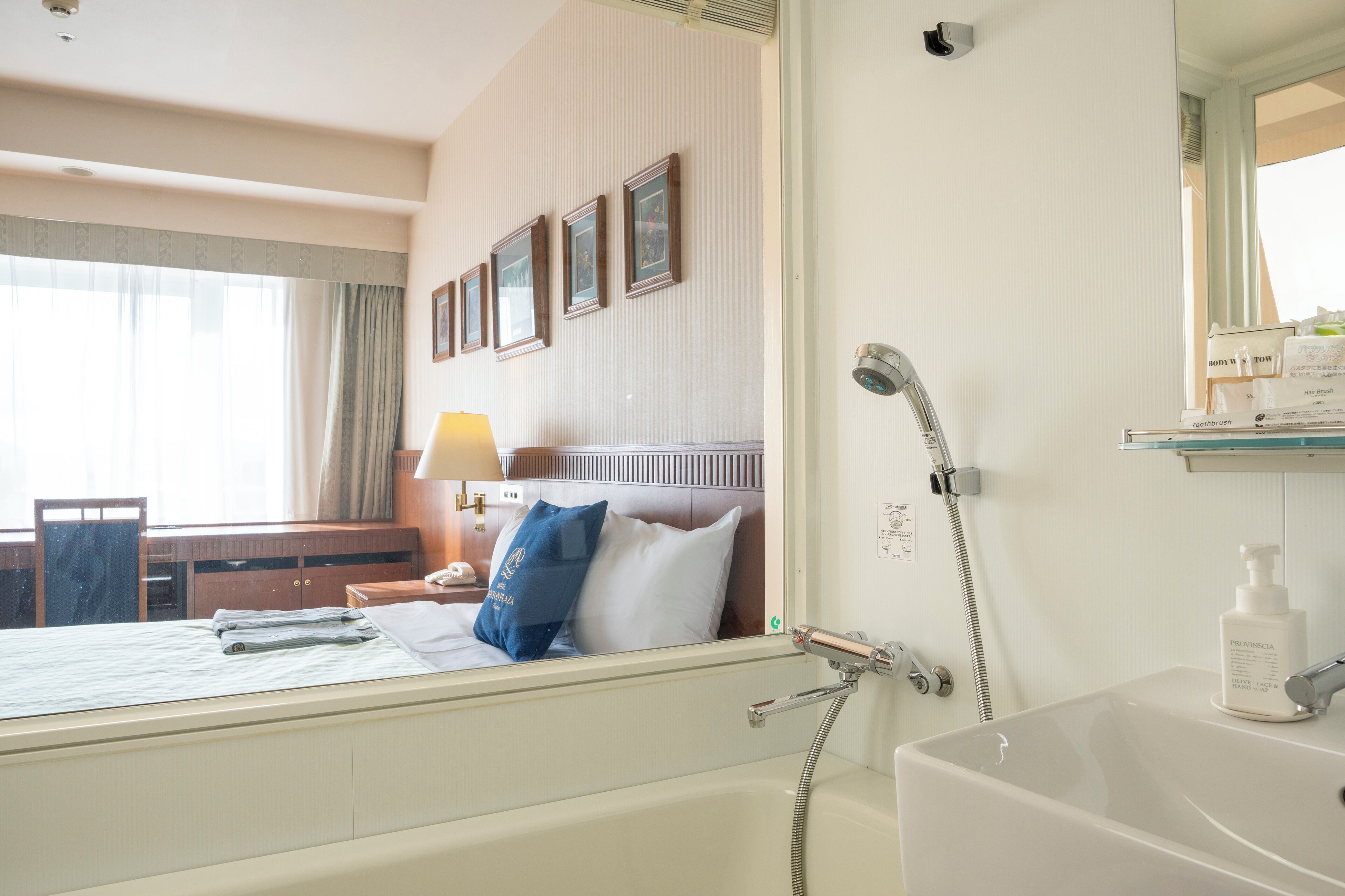 combined shower/bathtub, free toiletries, hair dryer, slippers