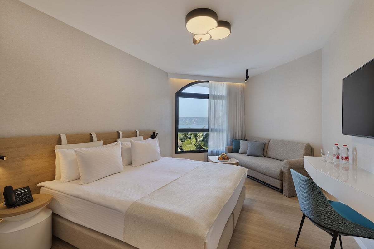 Une chambre d’hôtel moderne avec un grand lit, un canapé, un bureau et une télévision.