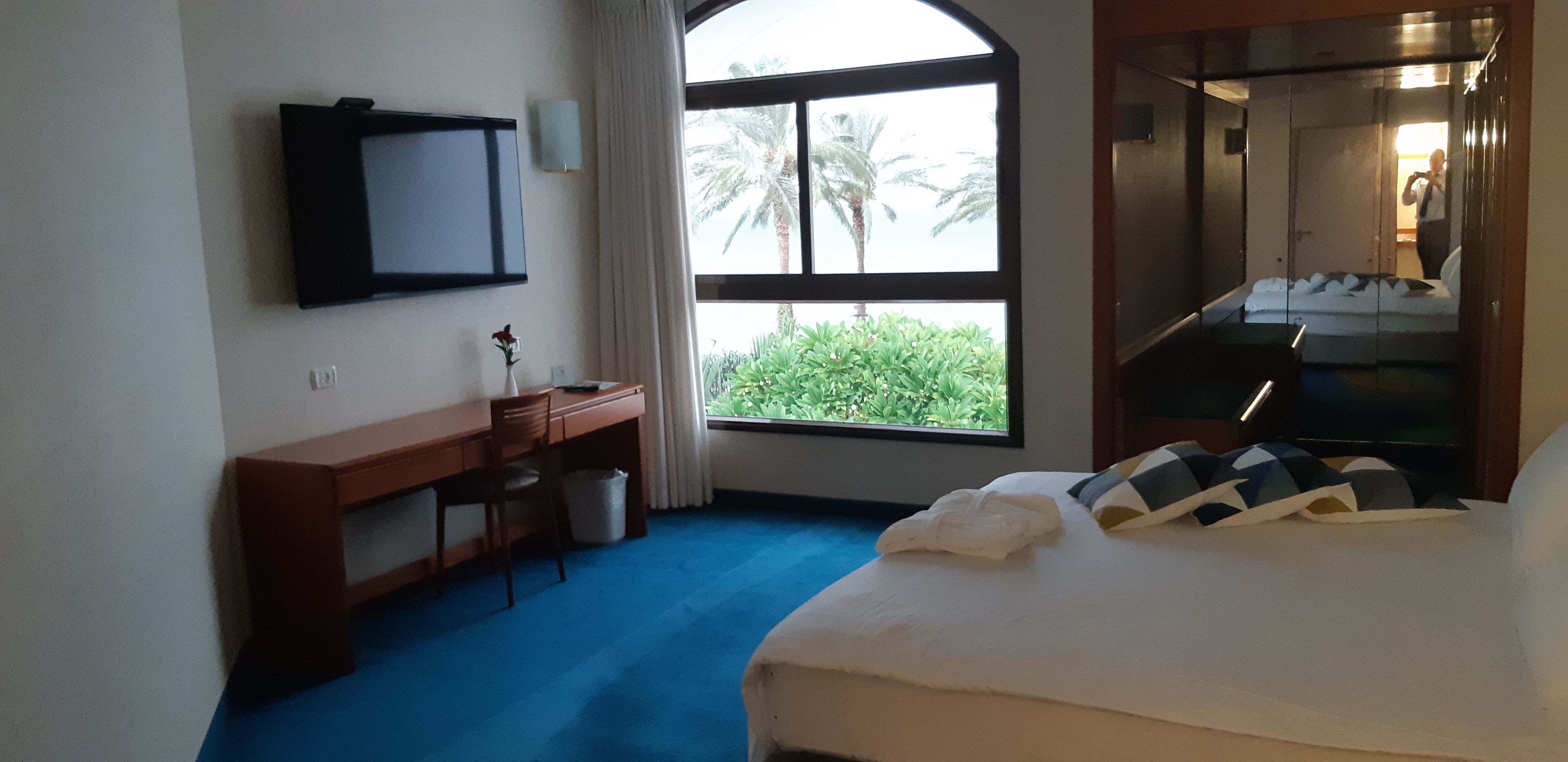 Habitación de hotel con cama, escritorio, silla, televisión y ventana con vista a palmeras.