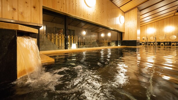 A wooden interior with a hot spring area, including a pool and seating. - Hida Hotel Plaza (Takayama)
