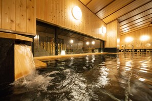 Ein Holzinnenraum mit einem Thermalbereich, inklusive Pool und Sitzgelegenheiten.