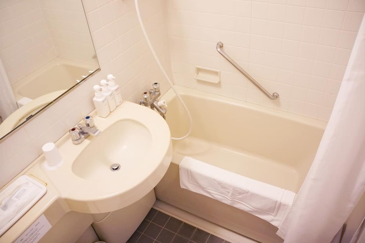 combined shower/bathtub, free toiletries, hair dryer, slippers