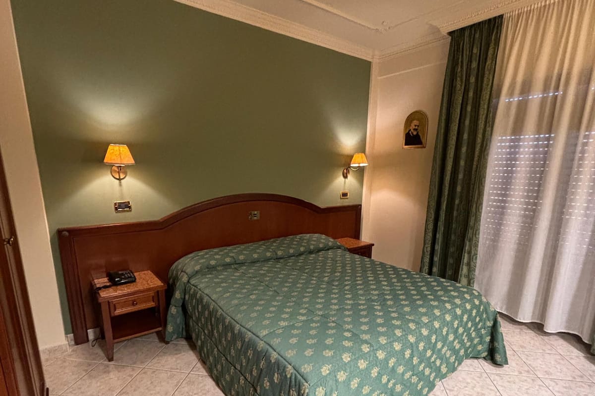 A hotel room with a bed, nightstands, lamps, a picture on the wall, and a window with curtains.