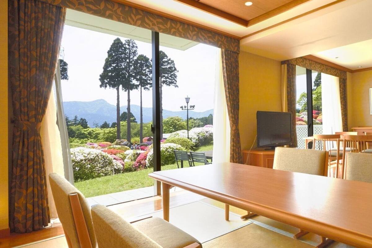 A hotel room with a dining area, a television, and a view of a garden with trees and flowers.