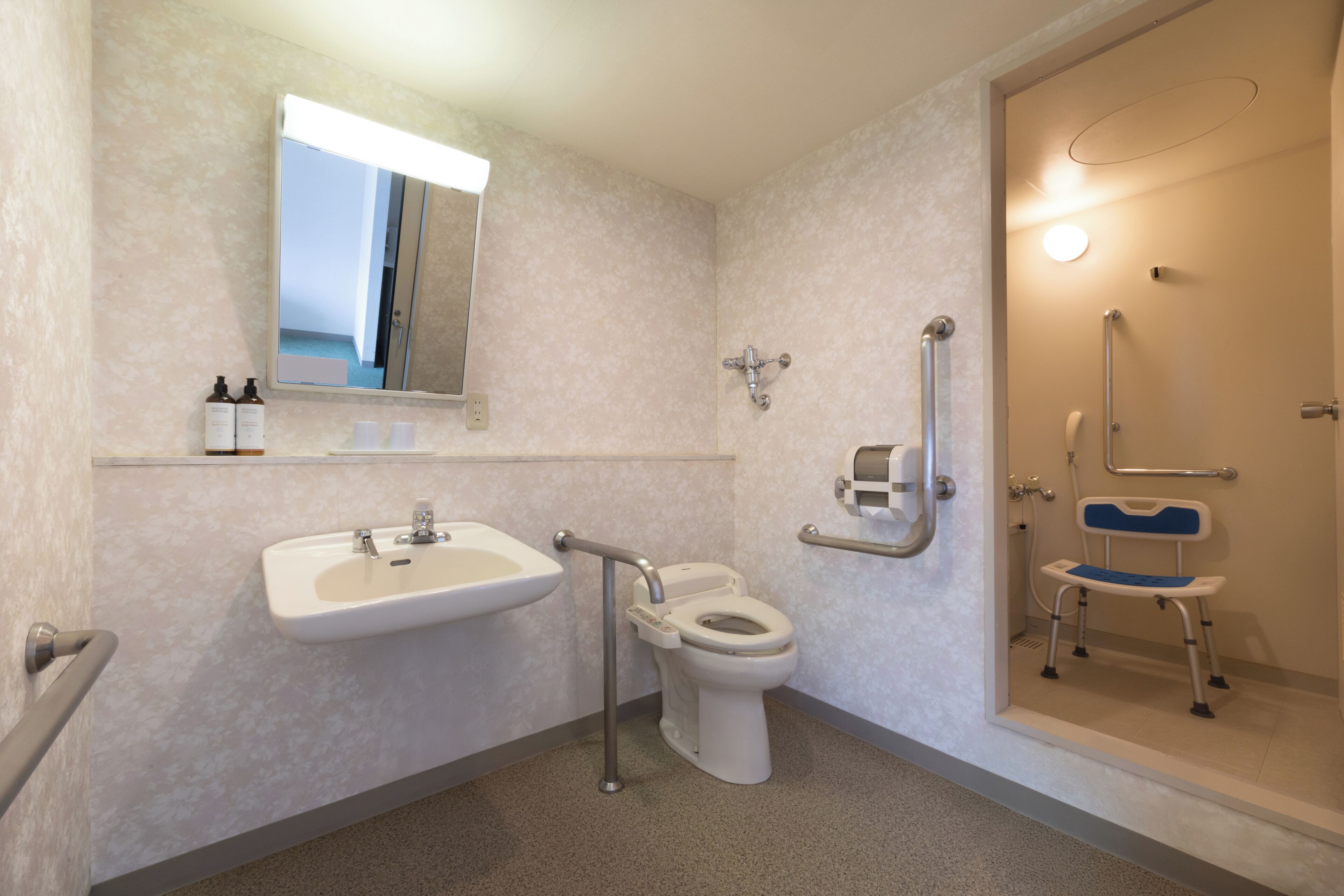 Bagno dotato di lavandino, WC e zona doccia, con mancorrenti e una panchetta accessibile da sedia a rotelle.