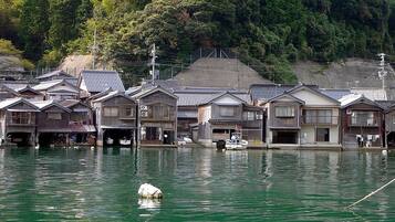 A row of traditional wooden houses with thatched roofs, situated along a calm river.