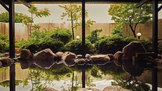 Un jardín interior tranquilo con un elemento acuático reflectante, rodeado de rocas y abundante vegetación.
