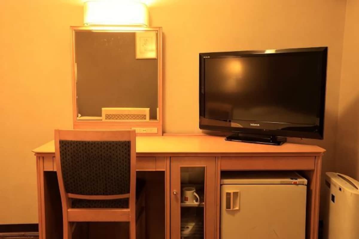 Habitación de hotel con escritorio de madera, televisor, espejo, refrigerador y una silla.