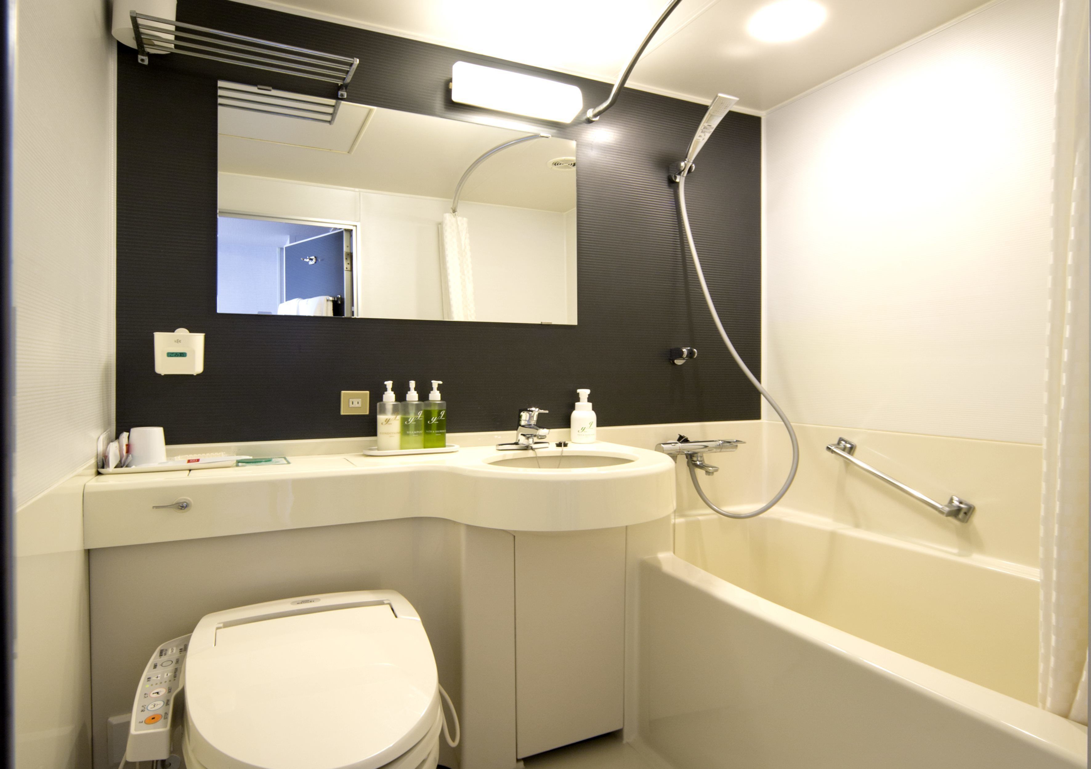 combined shower/bathtub, free toiletries, hair dryer, slippers