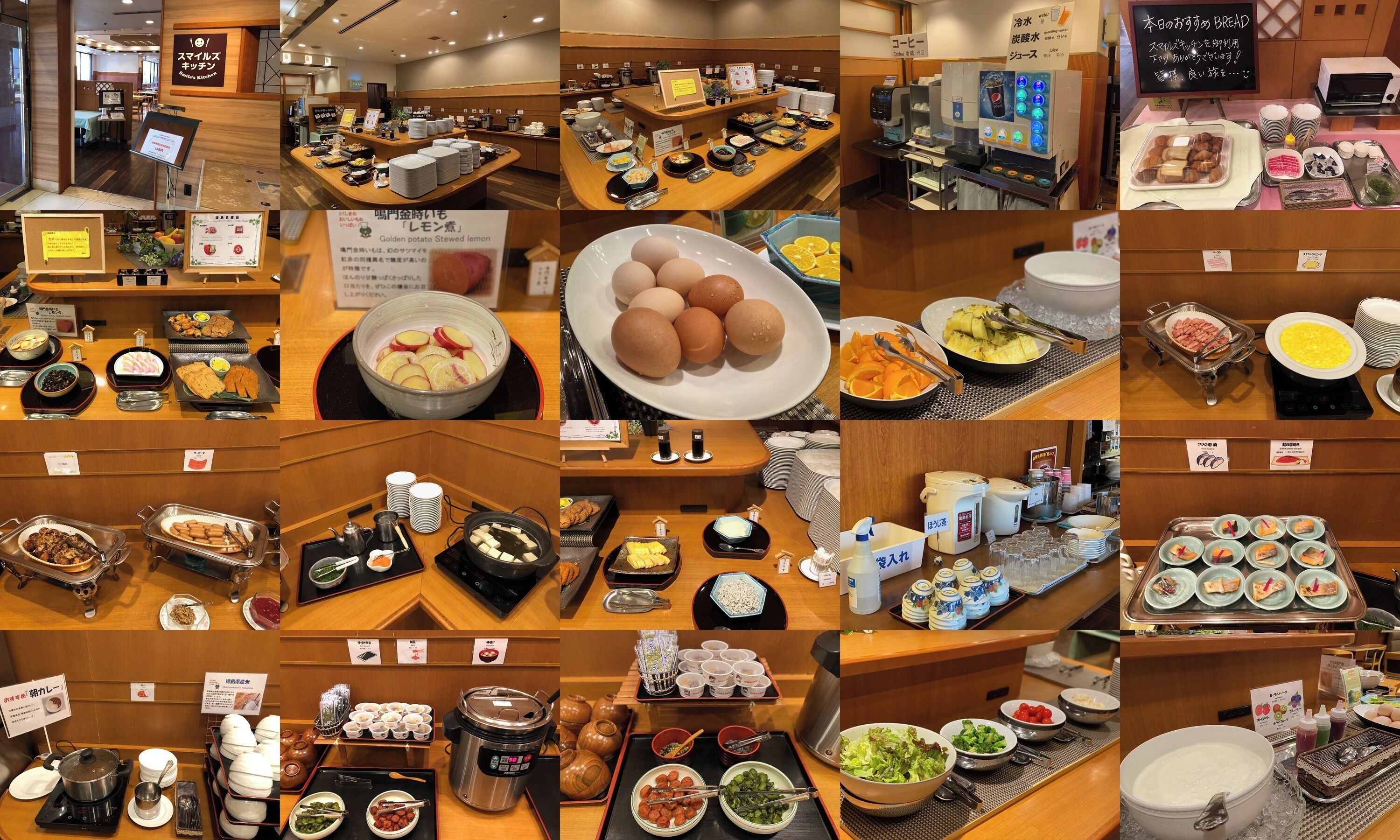 Un bufé de desayuno con diversas opciones de alimentos, como huevos, frutas y bebidas.