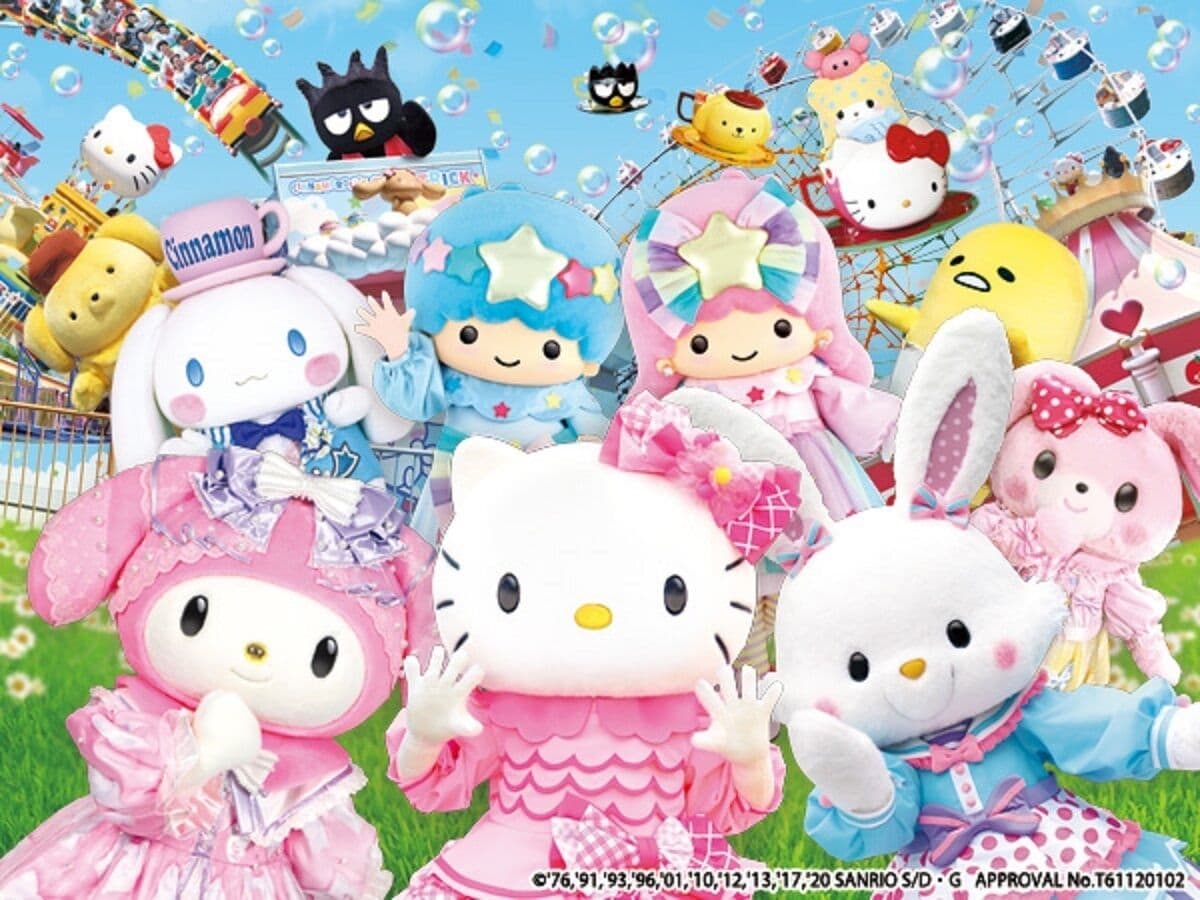 A collection of Hello Kitty plush toys in various outfits and poses.