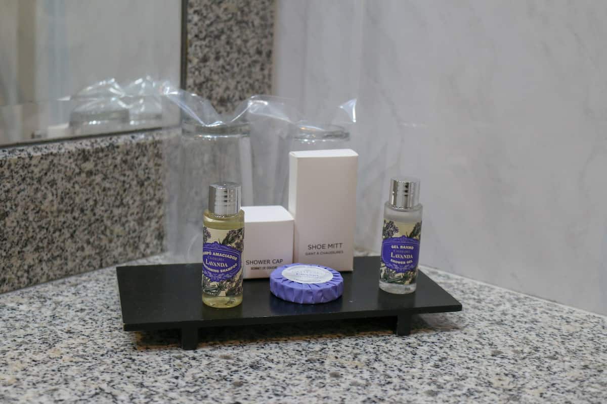 combined shower/bathtub, free toiletries, hair dryer, towels