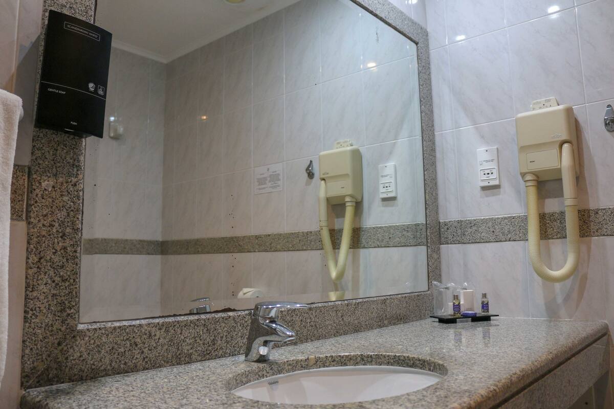 combined shower/bathtub, free toiletries, hair dryer, towels