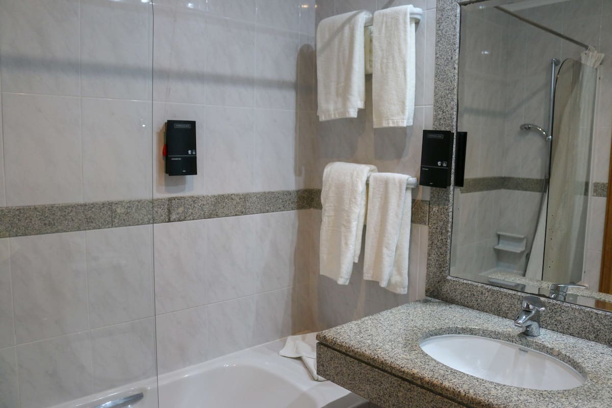combined shower/bathtub, free toiletries, hair dryer, towels