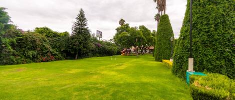 A well-maintained lawn with neatly trimmed hedges and a variety of trees.