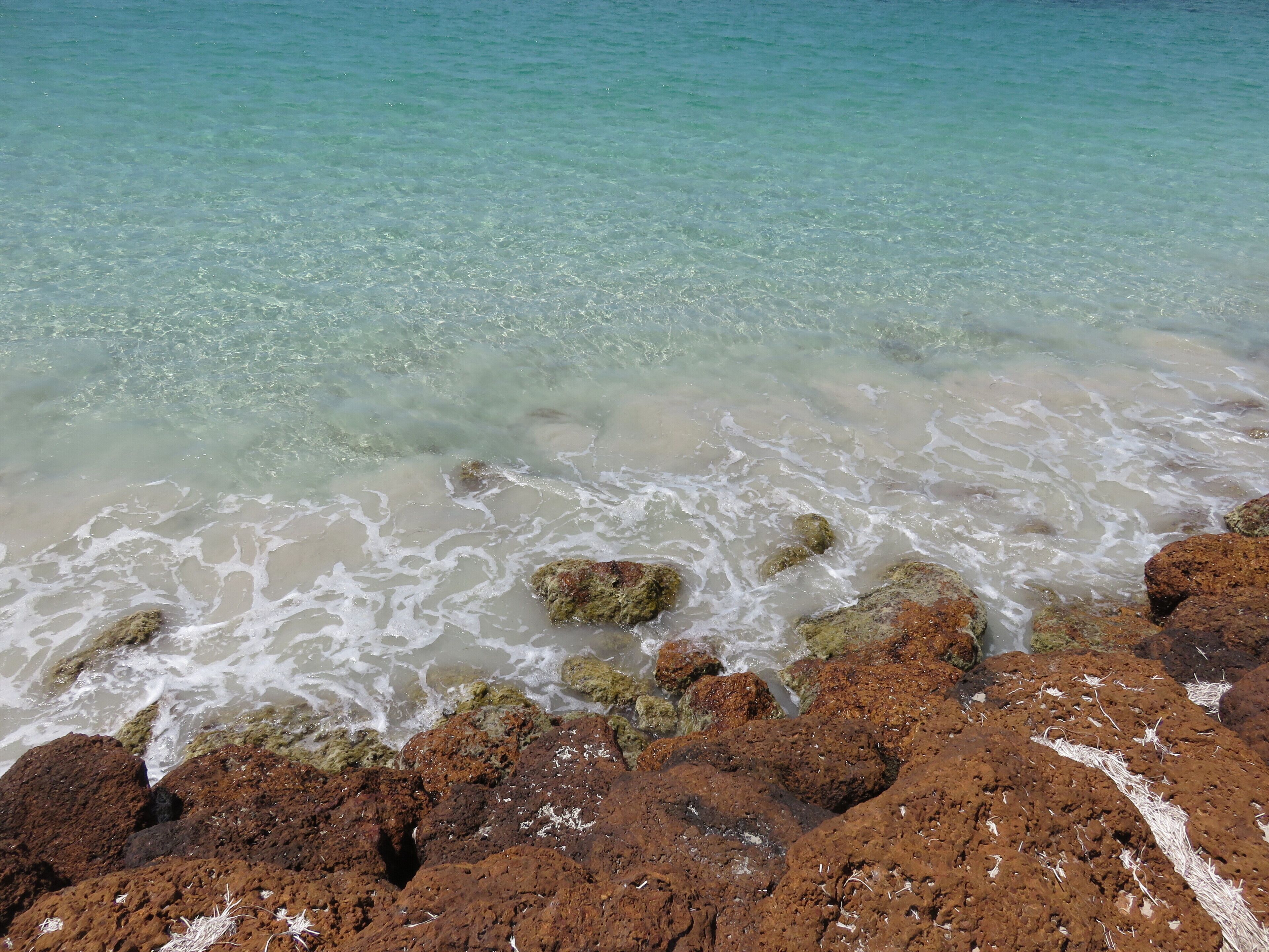 A rocky shoreline with clear water and waves.