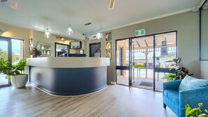 A reception area with a curved counter, potted plants, and a blue sofa. - Albany Motel & Apartments (Albany)