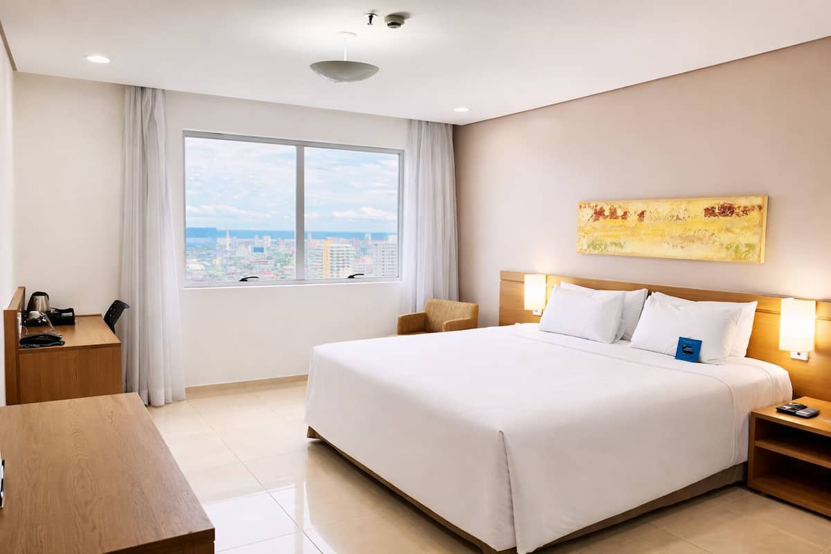 Habitación de hotel con una cama grande, un escritorio, una silla, una mesita de noche y ventana con vista a la ciudad.