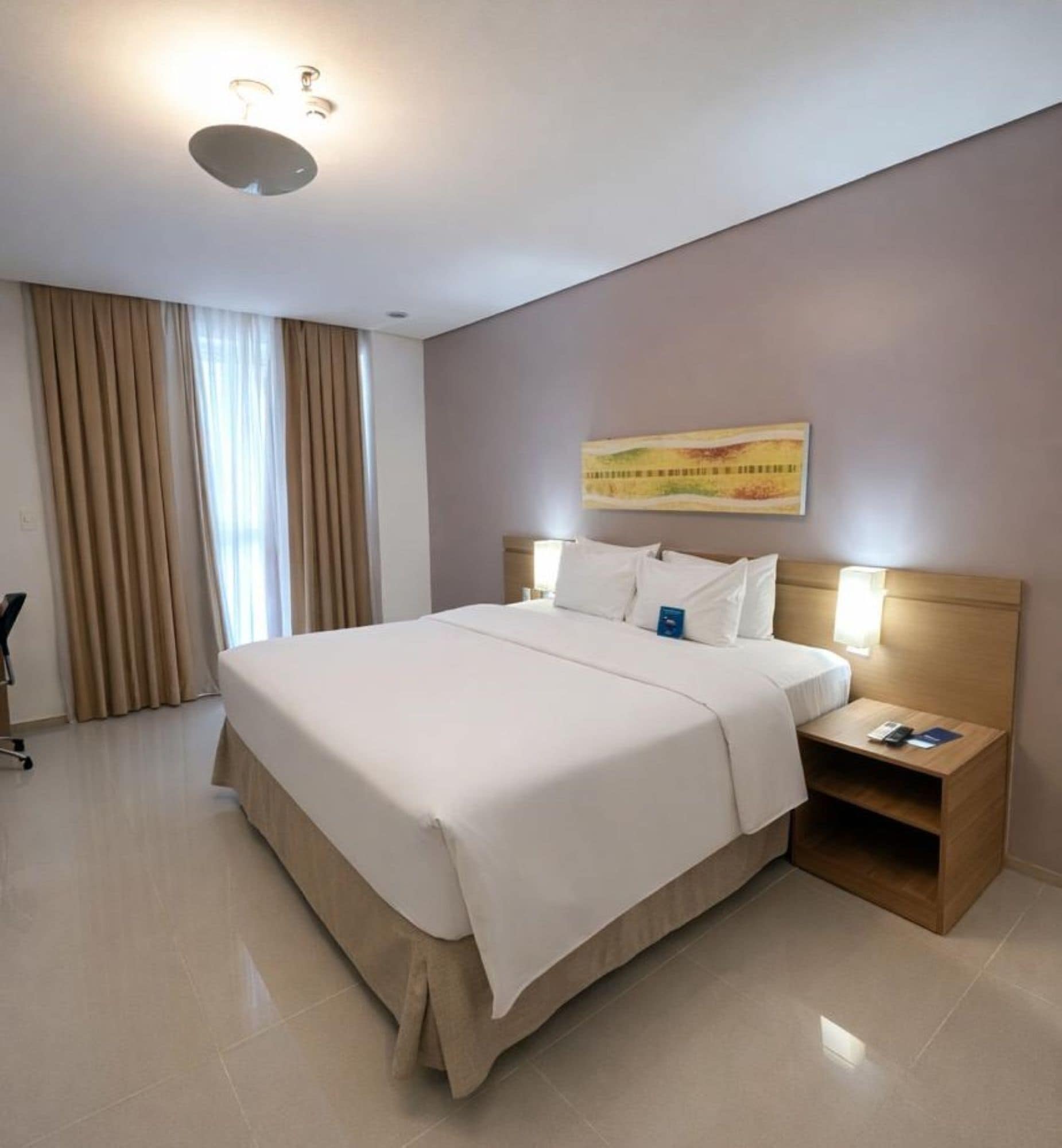 Una habitación de hotel con una cama grande, una mesita de noche, un escritorio y un cuadro en la pared.
