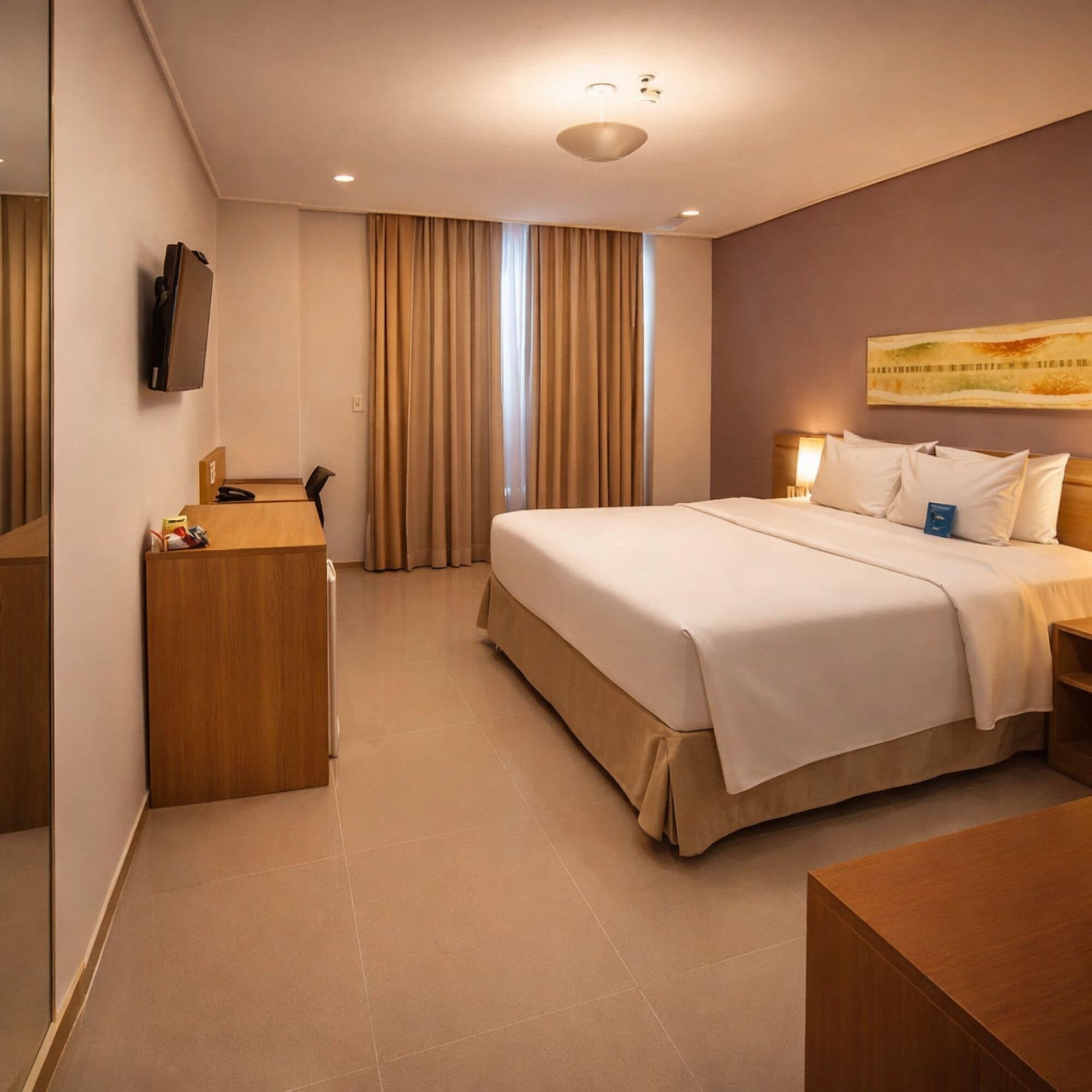 A hotel room with a bed, bedside table, desk, and a TV mounted on the wall.