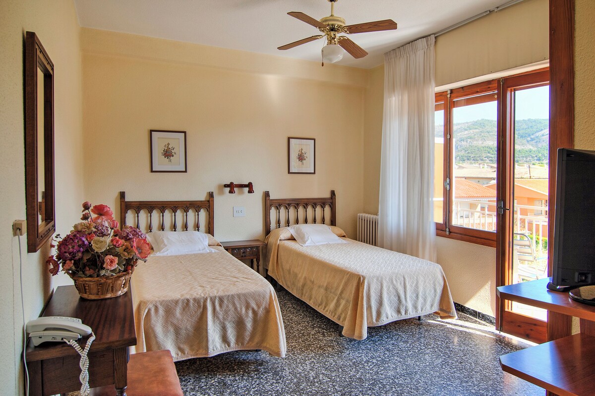 A hotel room with two single beds, a wooden headboard, a ceiling fan, a window with a view of the outdoors, and a television on a wooden table.