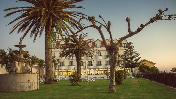 Un hotel con una fuente, palmeras y un césped cuidado.
