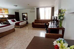 Premium Suite, 2 Double Beds | In-room safe, desk, laptop workspace, iron/ironing board
