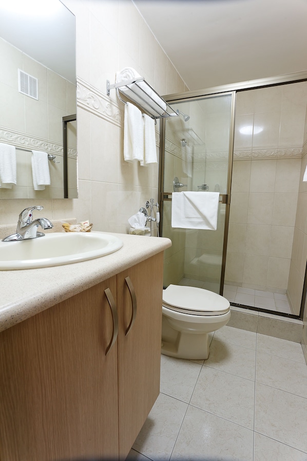 Baño con lavamanos, espejo, inodoro y cabina de ducha de vidrio.