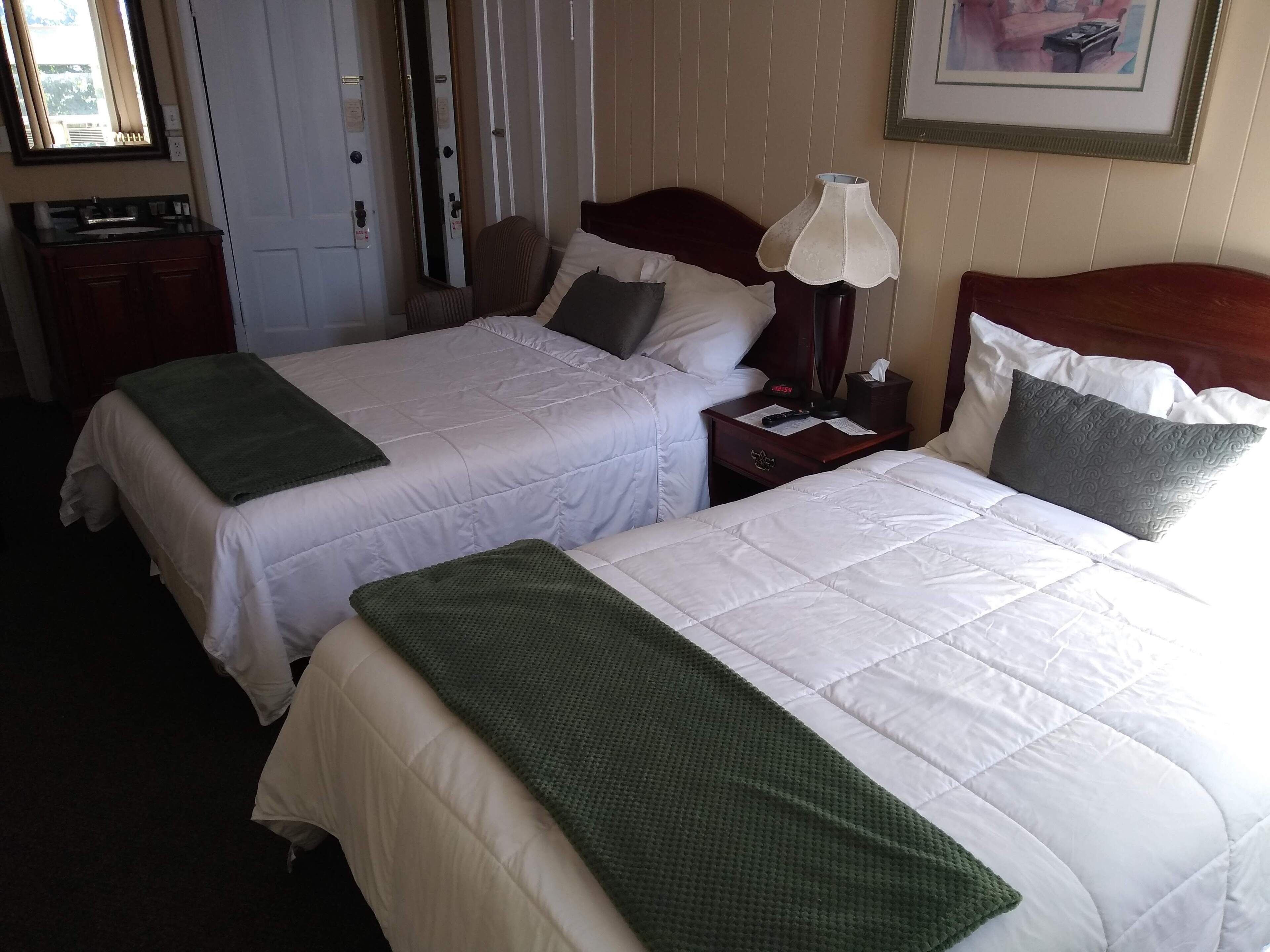 Une chambre d’hôtel avec deux lits, chacun recouvert d’un plaid vert, une table de chevet avec une lampe et un tableau encadré au mur.