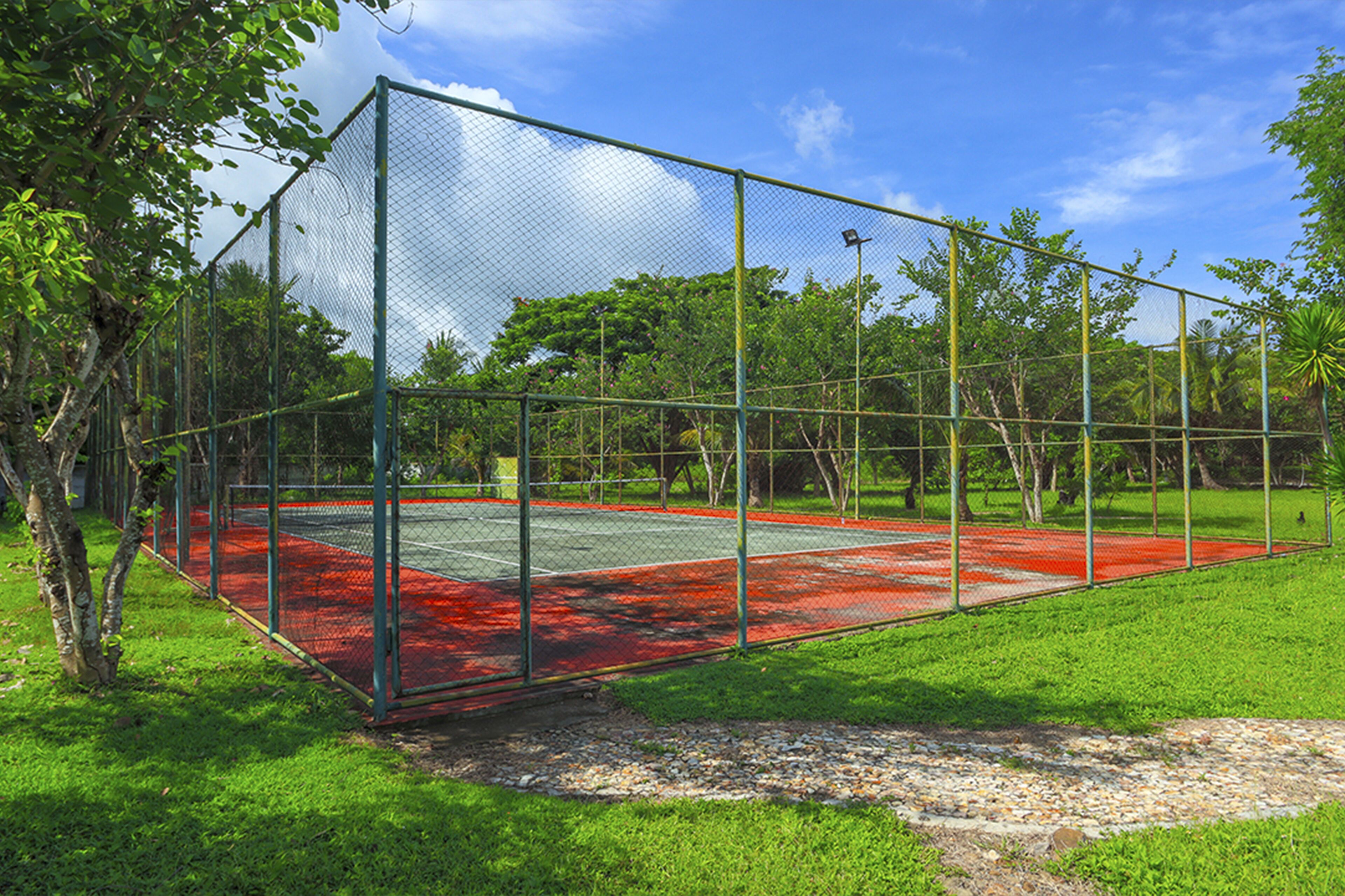 A tennis court with a green fence and red surface, surrounded by trees and grass.