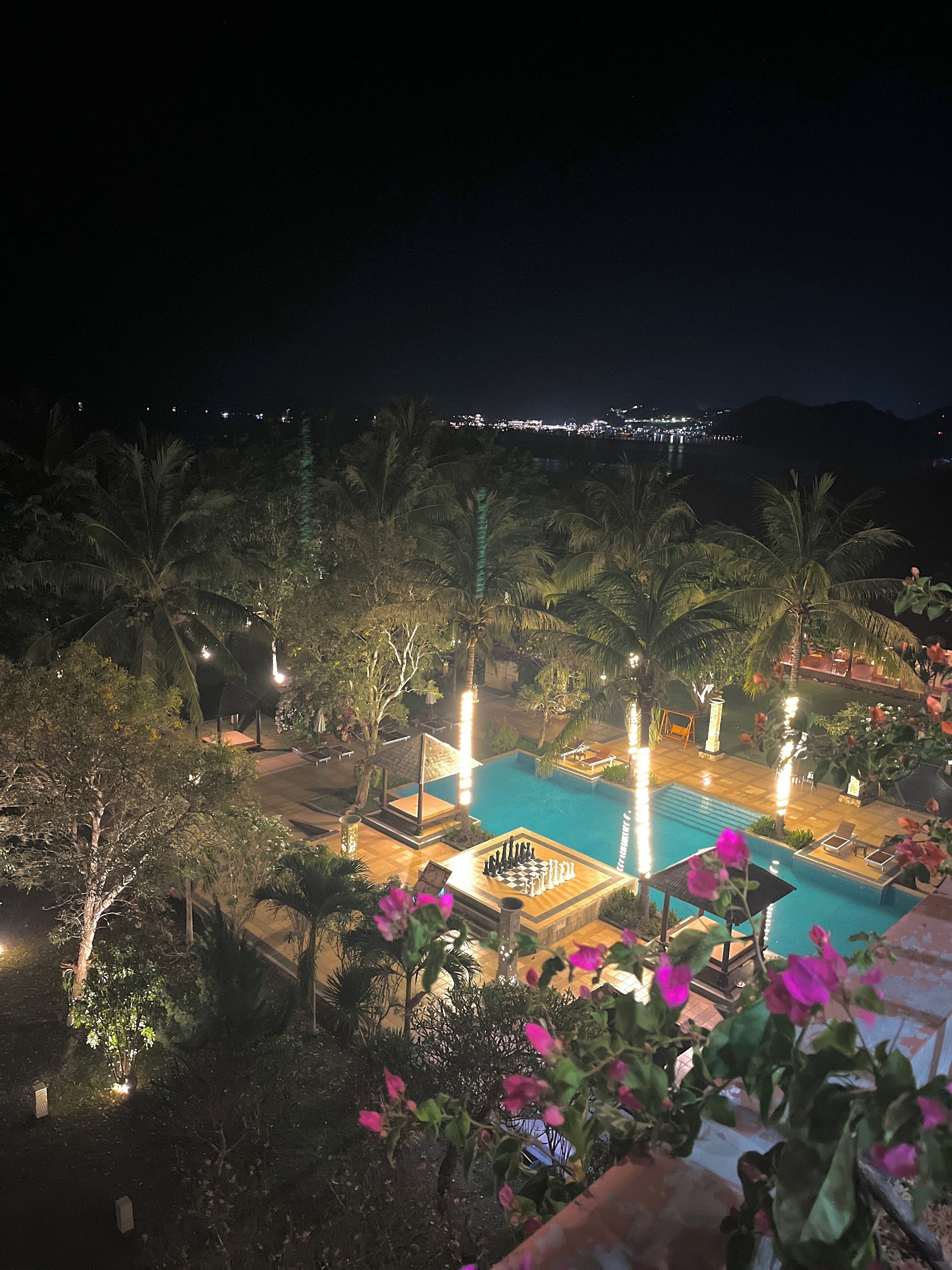 A nighttime view of a resort with a swimming pool, palm trees, and a distant cityscape.