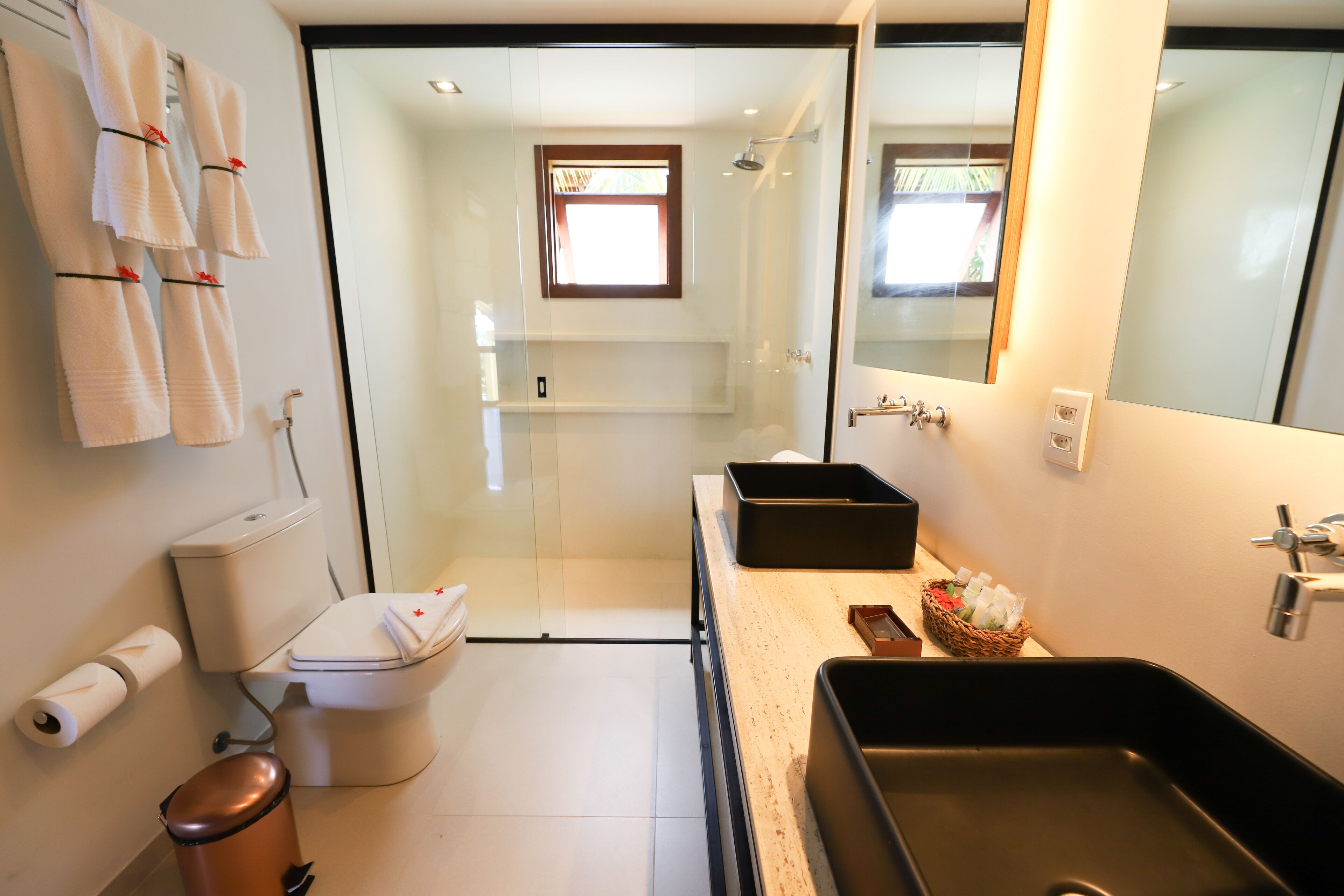 Une salle de bain moderne avec une douche à parois de verre, un lavabo noir et des toilettes.