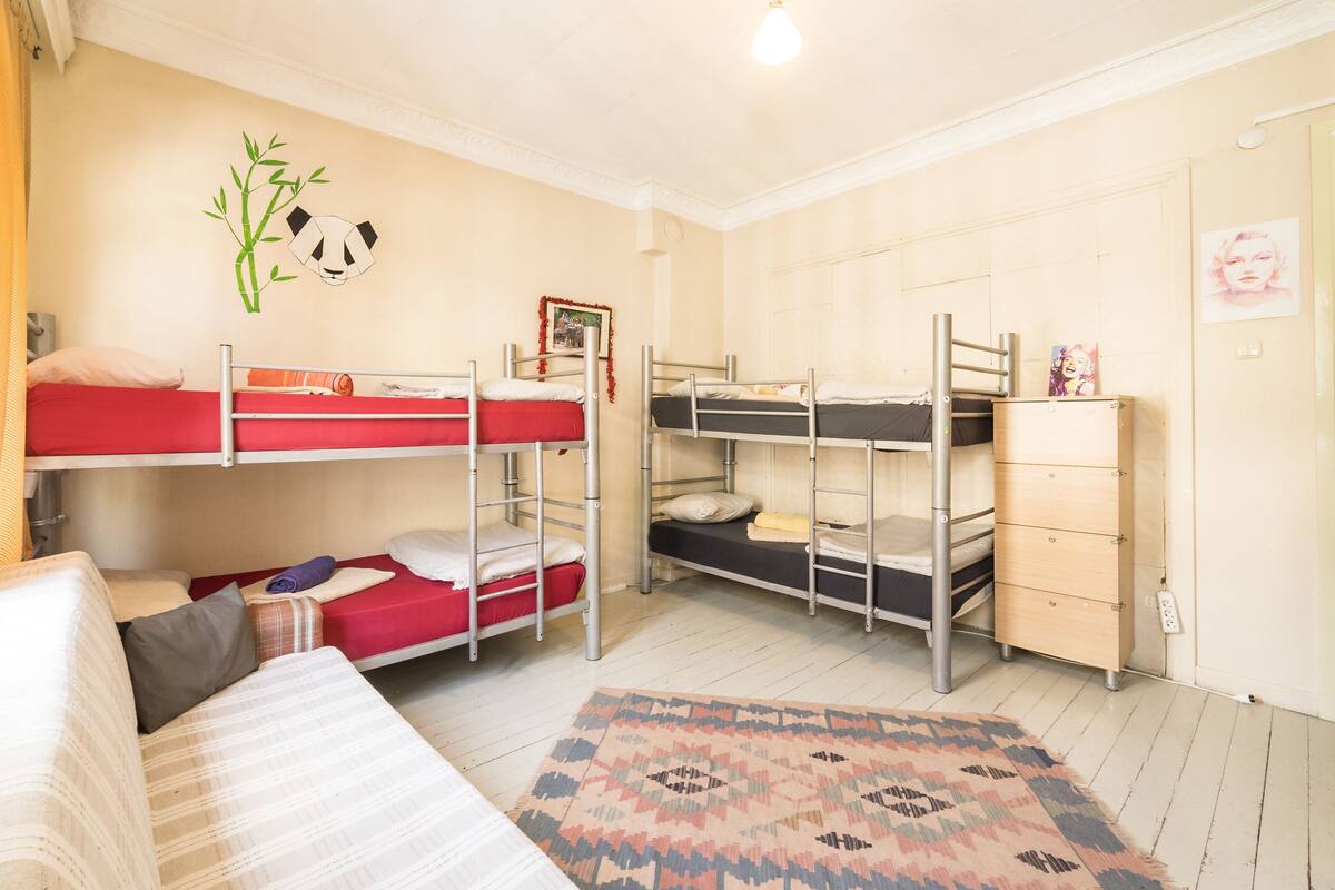 Une chambre de dortoir équipée de lits superposés, d’un bureau, d’une chaise, d’une commode et d’un élément décoratif mural.