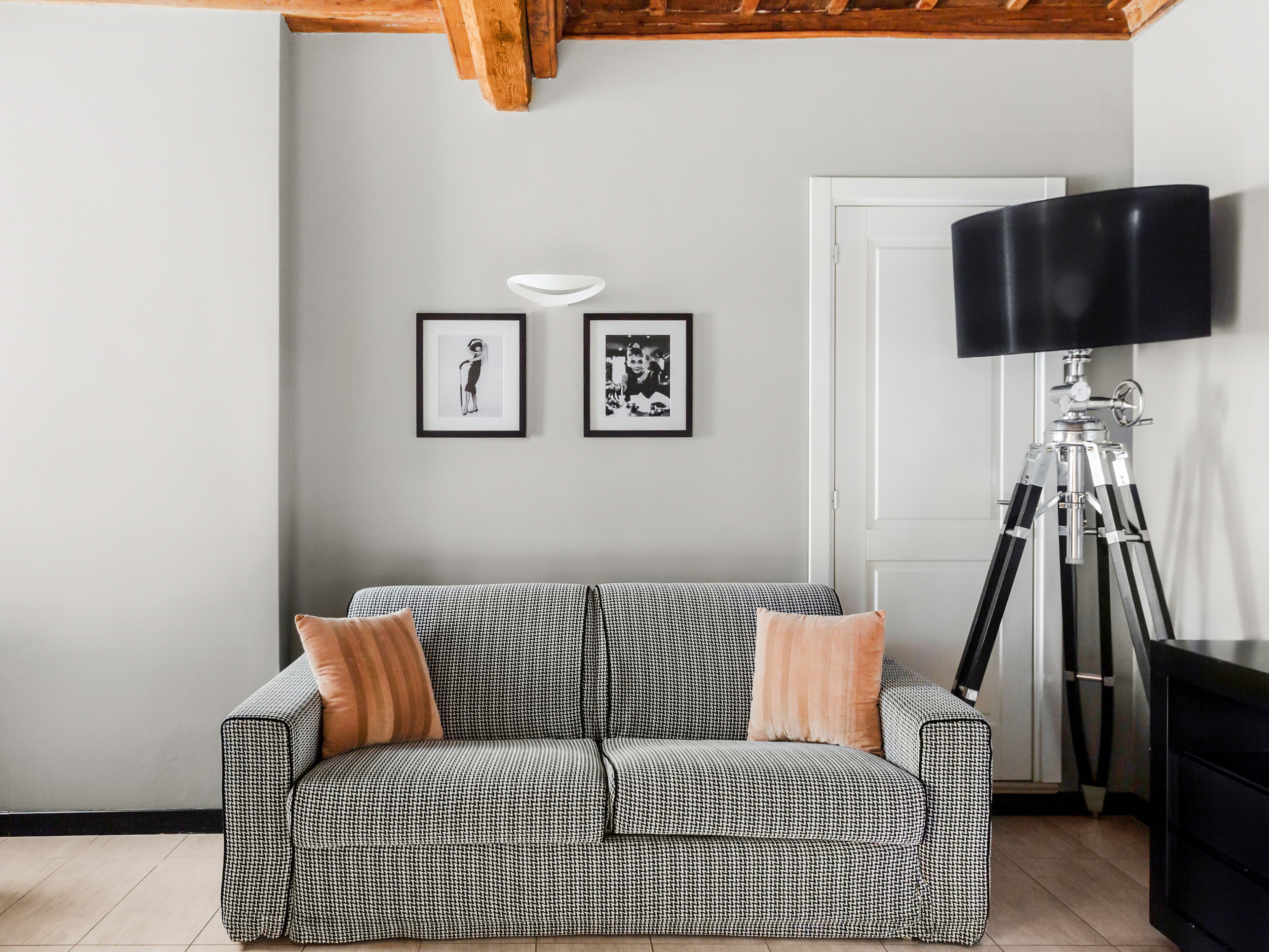 A modern living room with a houndstooth-patterned sofa, two framed pictures on the wall, and a tripod-mounted lamp.