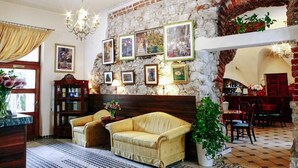 A cozy room with a stone wall, a wooden headboard, and a chandelier. There are two armchairs, a side table, and a potted plant. - Aparthotel Miodosytnia (Kraków)