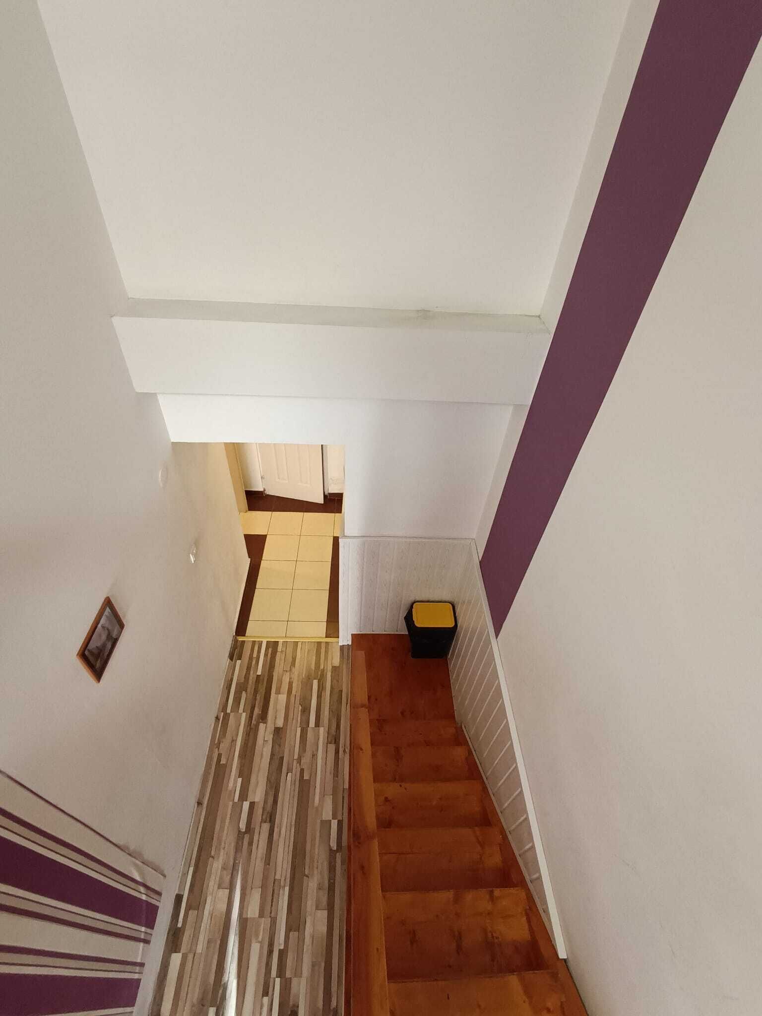A staircase with wooden steps and a checkered floor leading to a door.