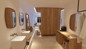 A modern bathroom with a central wooden partition, multiple sinks, and mirrors. - Pylaia Boutique Hotel & Spa (Astypalaia)