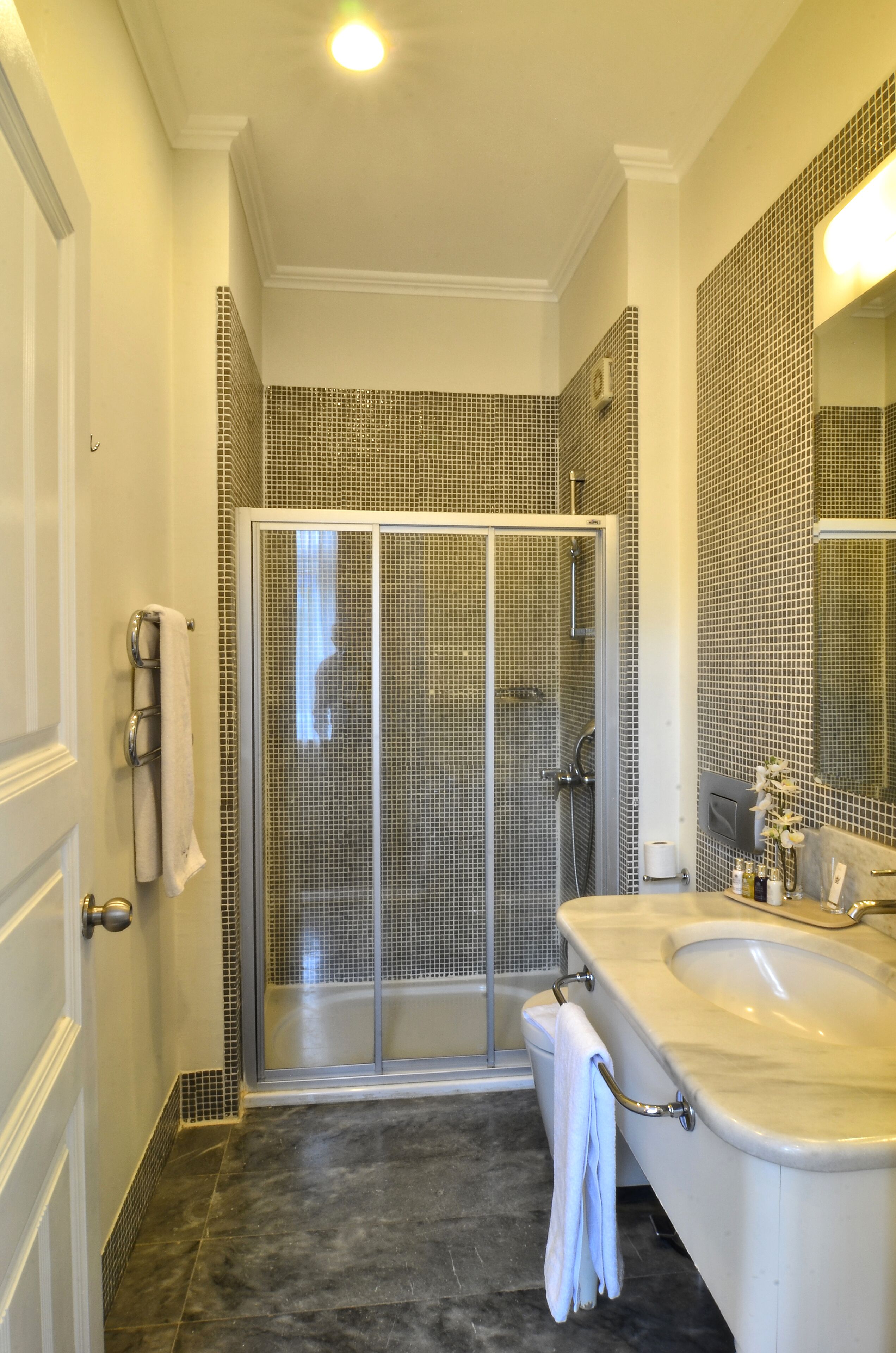 standard room | bathroom | shower, hair dryer, slippers, towels
