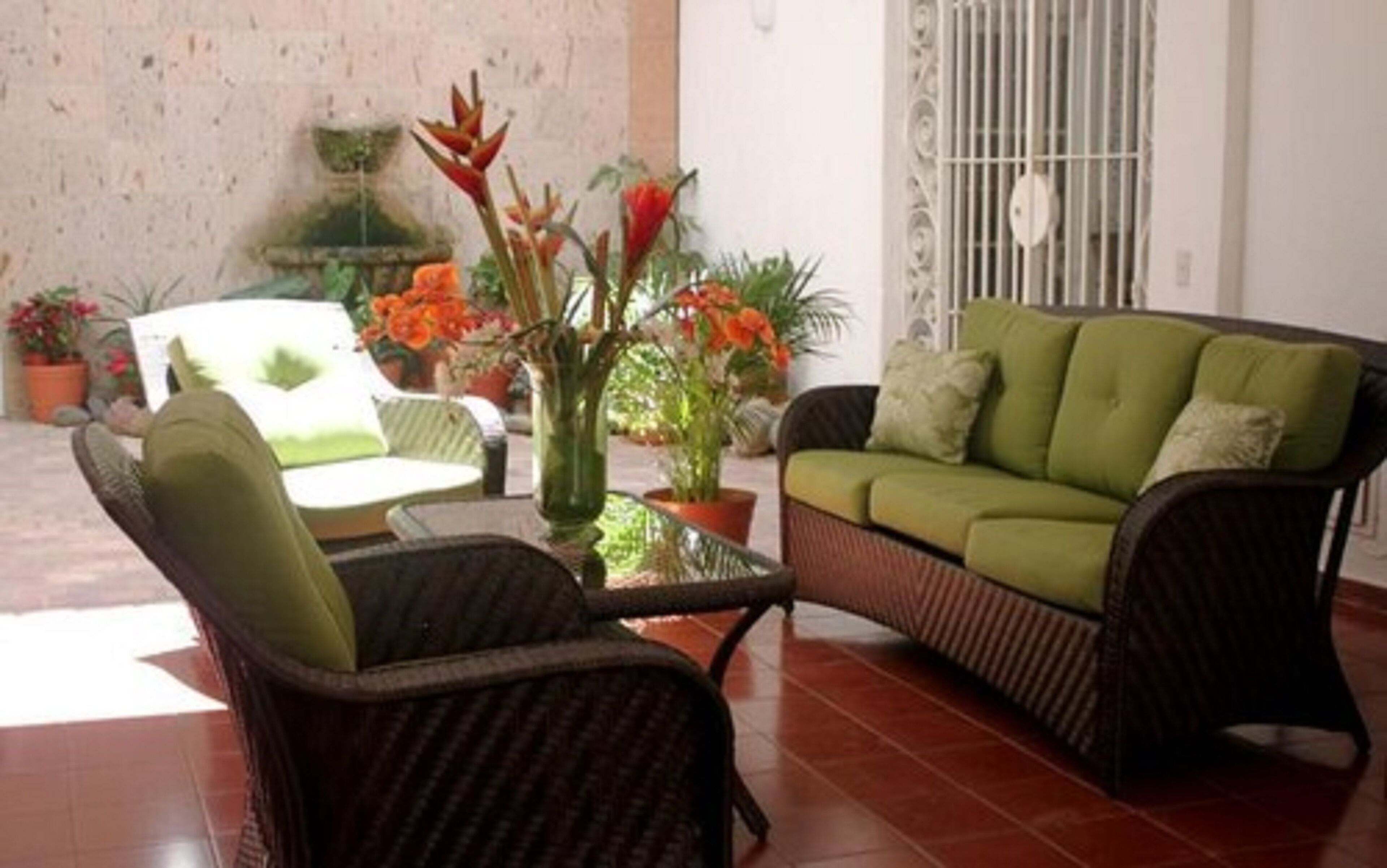 Een kamer met een groene bank, rieten stoelen en een bijzettafeltje met een plant.