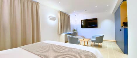 Premium bedding, desk, blackout curtains, soundproofing