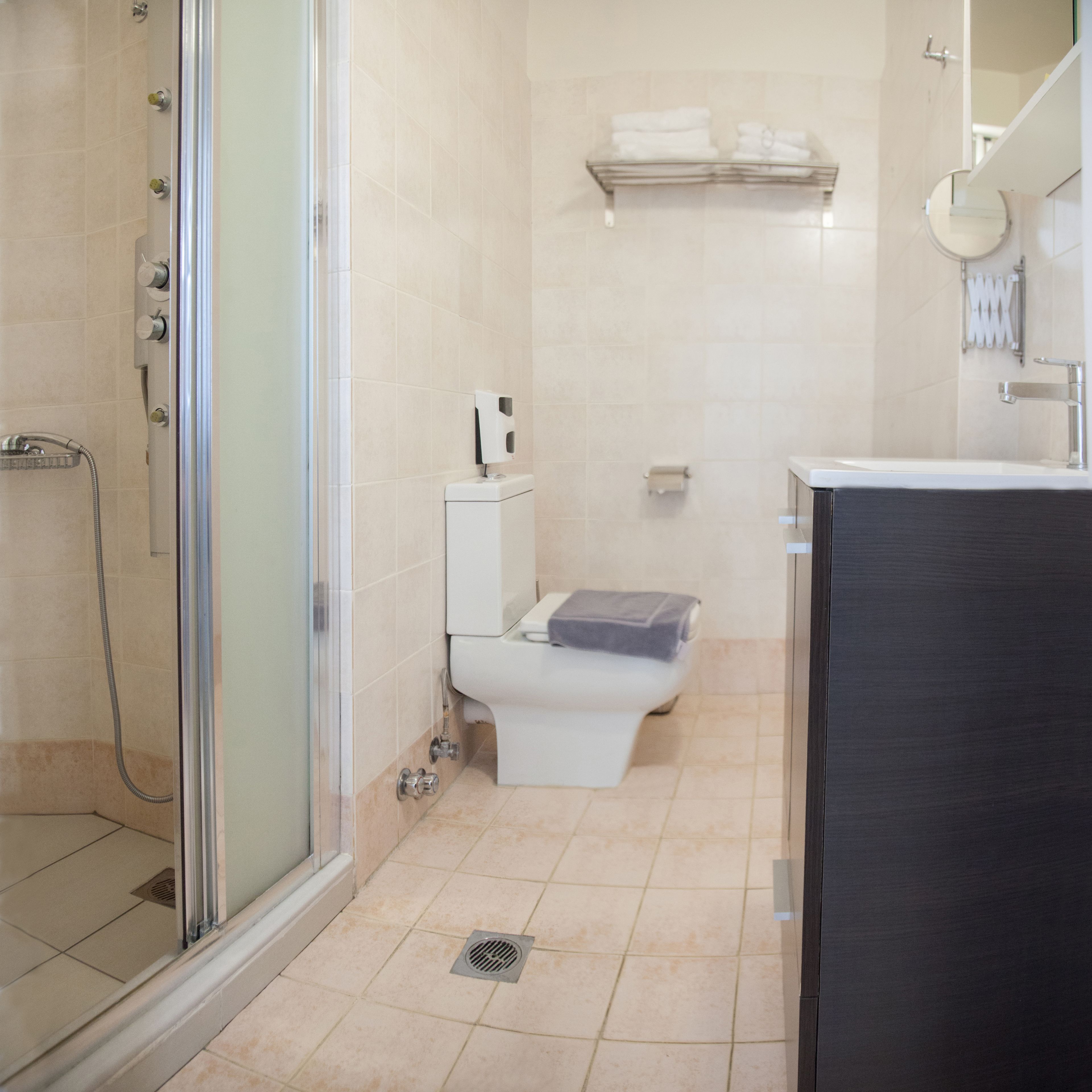 triple room | bathroom | shower, hair dryer, towels