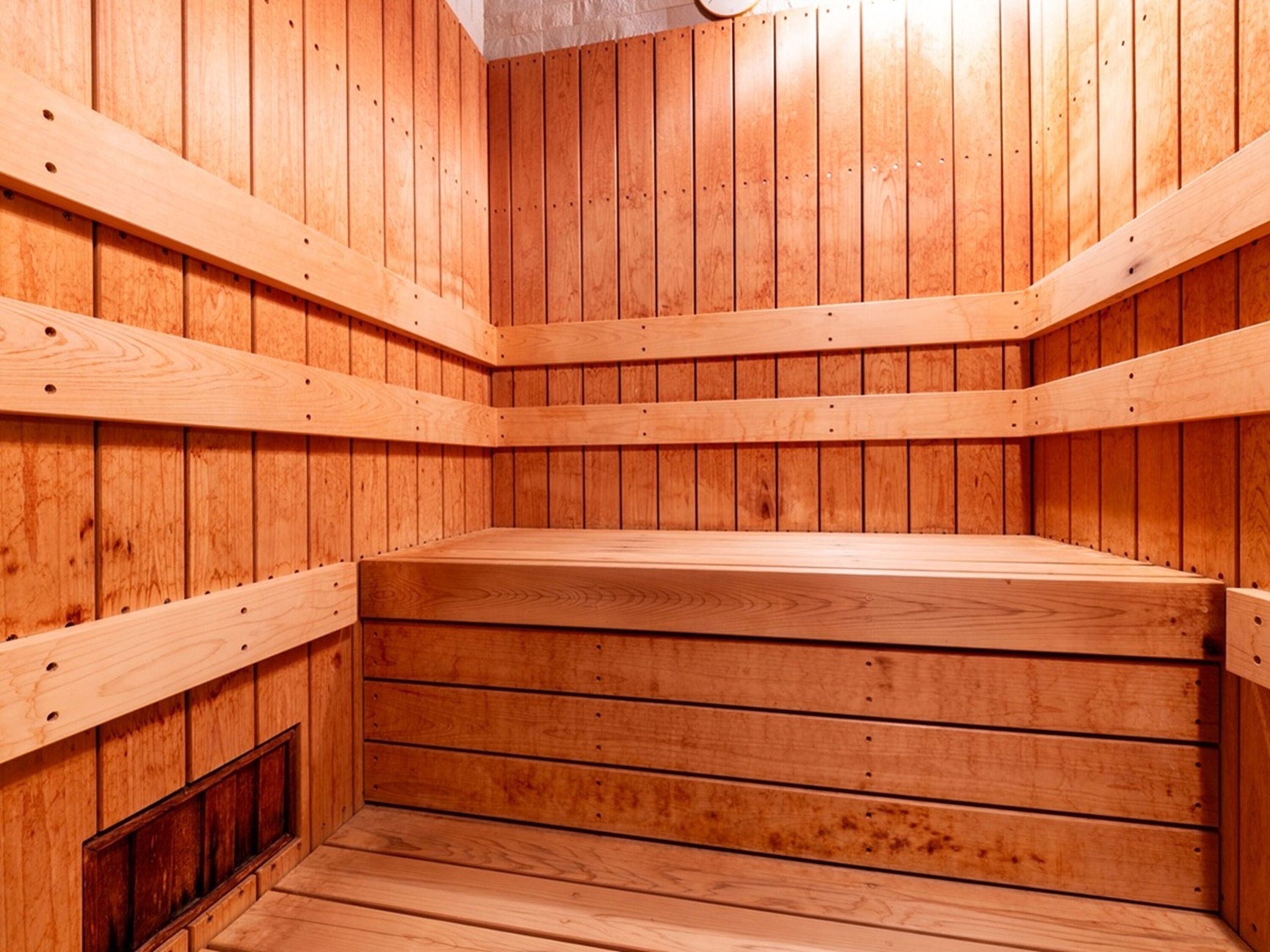 Una sauna con paredes y bancos de madera.