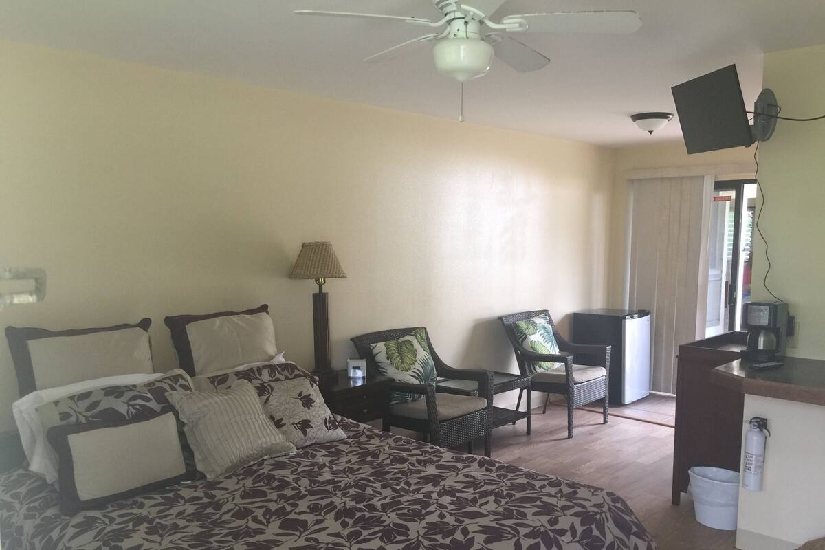 A hotel room with a bed, a desk, a chair, and a ceiling fan.