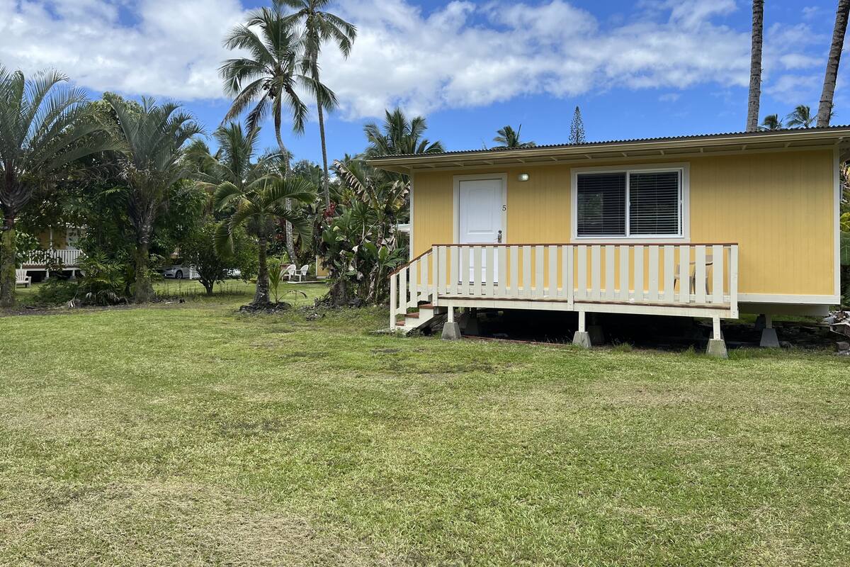 A yellow single-story house with a white porch and a door, surrounded by grass and palm trees.