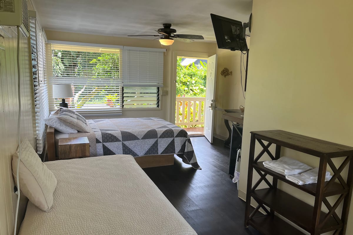 A room with two beds, a ceiling fan, a TV mounted on the wall, and a balcony with a view of greenery.