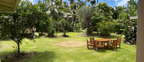 Un patio con mesa y sillas de madera, rodeado de abundante vegetación y palmeras.