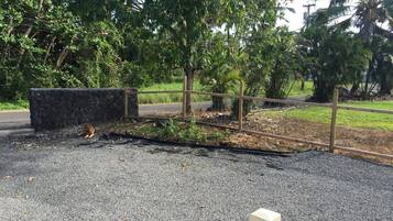 Une zone dallée, bordée d’un mur en pierre et d’une clôture en bois.
