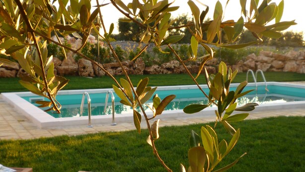 Zona junto a la piscina con una silla de madera y una mesita pequeña, rodeada de vegetación y un muro de piedra al fondo.